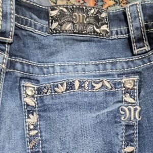 Miss Me Medium Blue Embroidered Bootcut Jeans with Rhinestone Accents